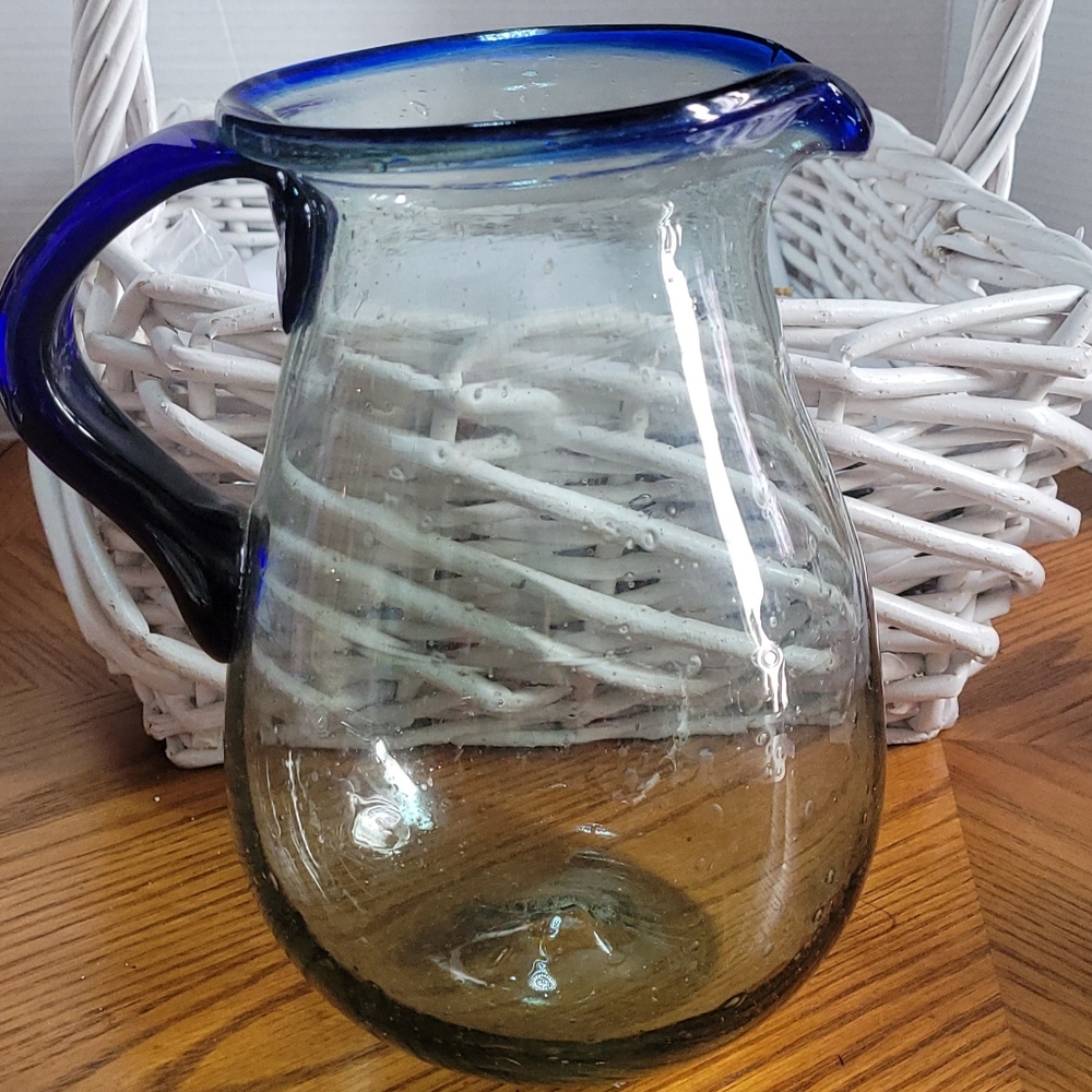 Artisan Handblown Glass Pitcher with Cobalt Blue Handle and Rim
